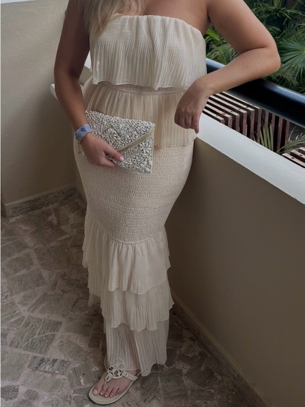 Cream Smocked Waist Pleated Maxi Dress